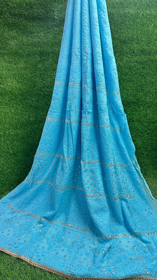 Sky Blue Lucknowi Chikankari Fabric Saree with Mukaish work