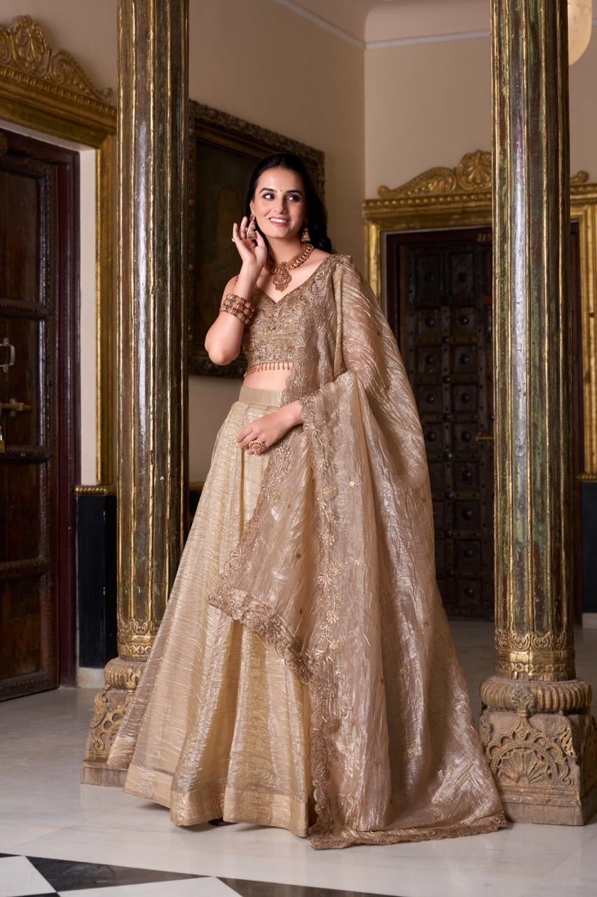 Premium Designer Lehenga - Gold Crush Embroidered with Blouse & Dupatta