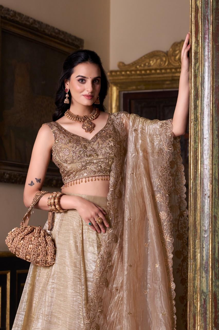 Premium Designer Lehenga - Gold Crush Embroidered with Blouse & Dupatta