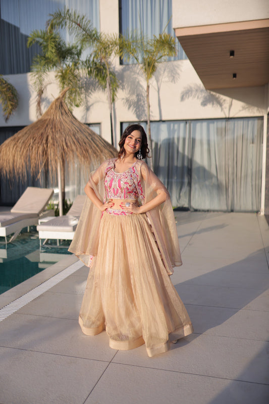 Champagne Gold Sindur Silk Lehenga Choli with Shrug