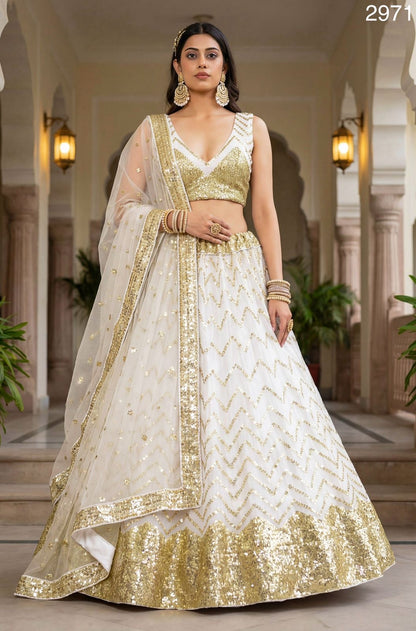 Golden Sequin work Designer White Bridemaid lehenga choli