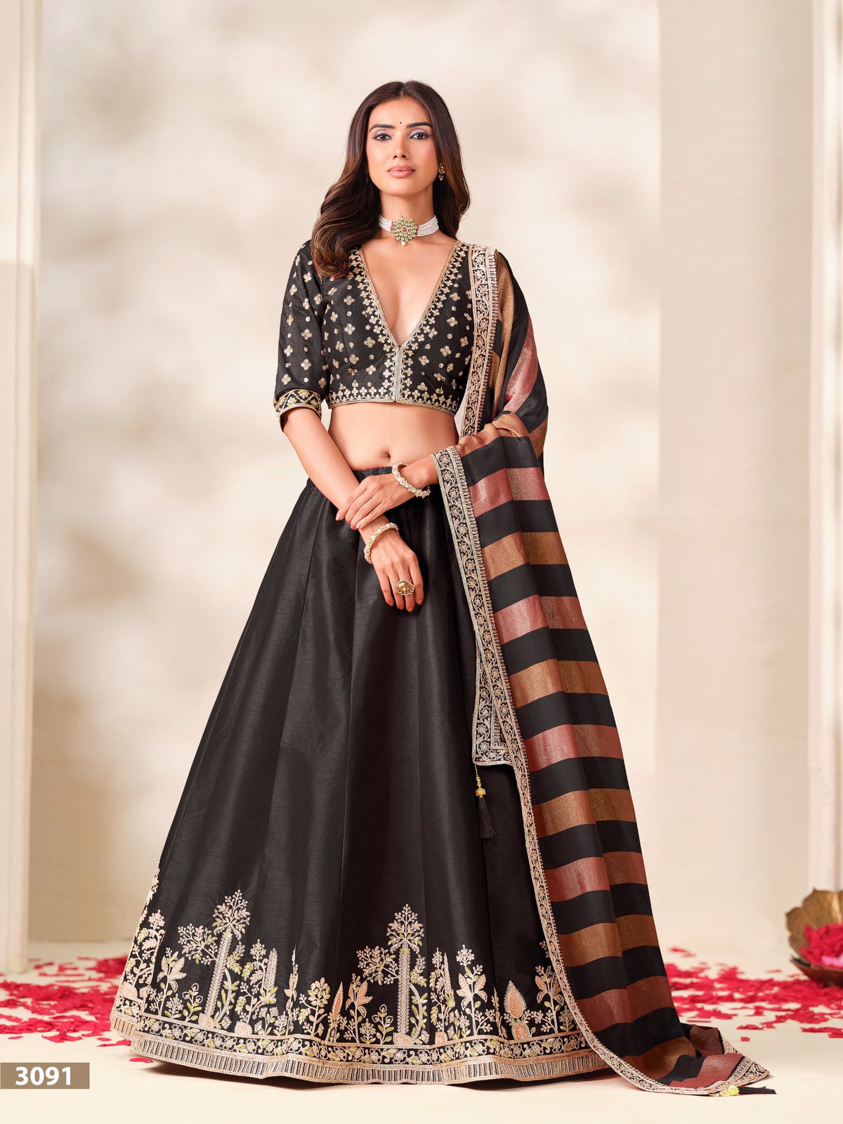 Embroidered Art Silk Lehenga Set with Gold-Striped Dupatta