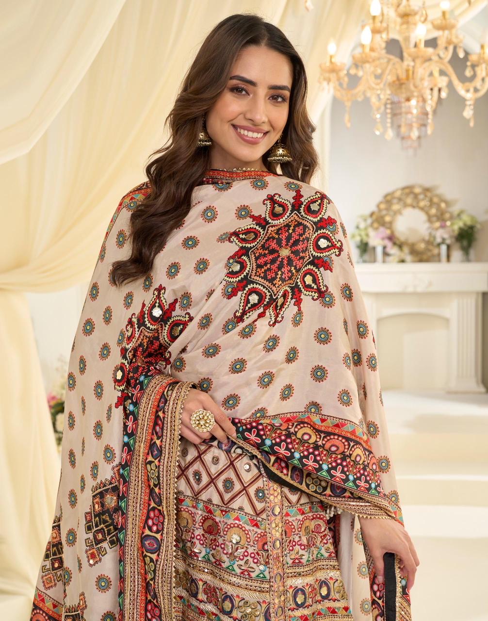 LATEST TRENDY NATURAL CREPE PRINTED TOP AND PLAZZO WITH HAND AARI WORK