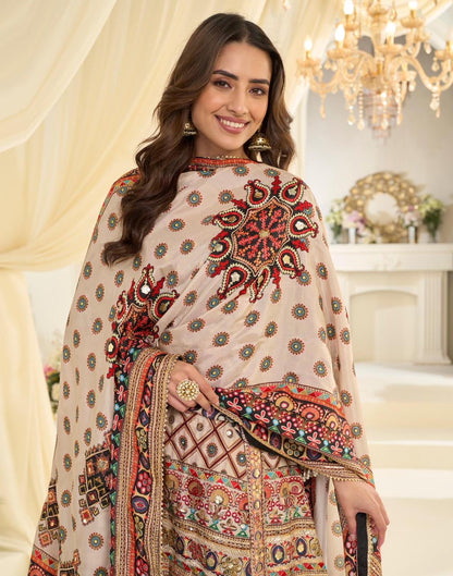 LATEST TRENDY NATURAL CREPE PRINTED TOP AND PLAZZO WITH HAND AARI WORK