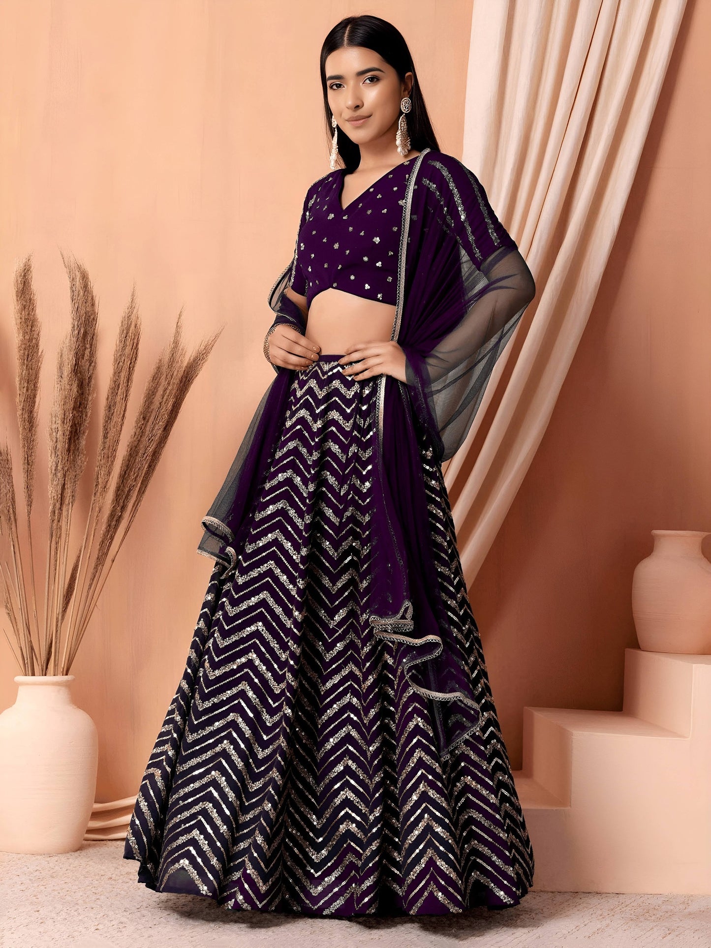 Regal Purple Zigzag Sequins Lehenga Choli