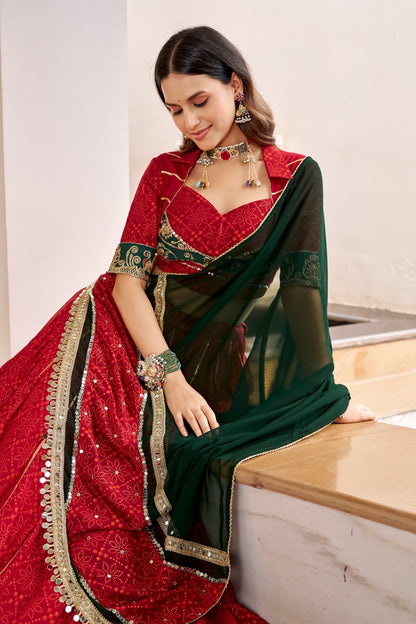 Crimson Red & Emerald Green Bandhani Print Navratri Special Designer Lehenga Choli