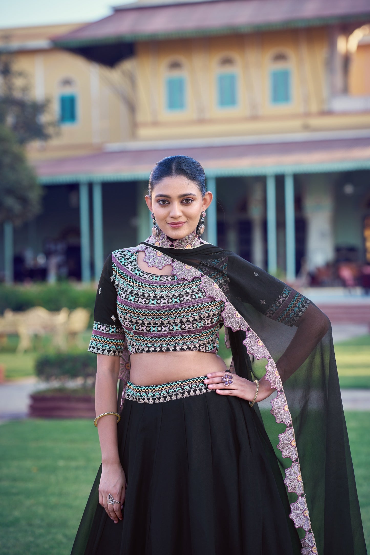 Black Aurum Georgette Lehenga Choli with Thread & Sequins Embroidery