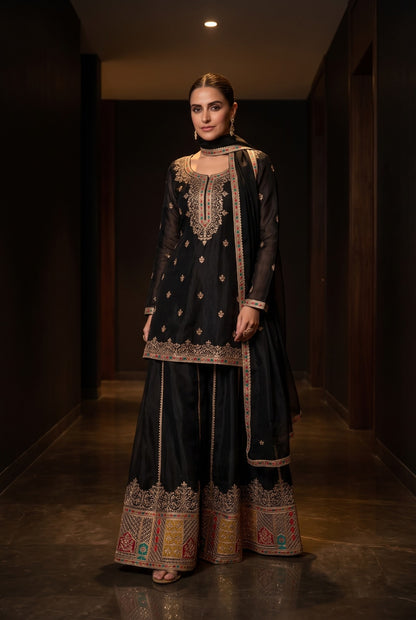 Pure Elegance Embroidered Kurta and Sharara Set with Dupatta