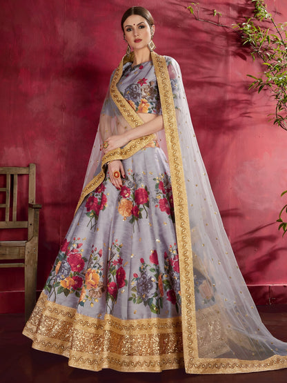 Grey Floral Printed Lehenga with Designer Blouse & Net Dupatta