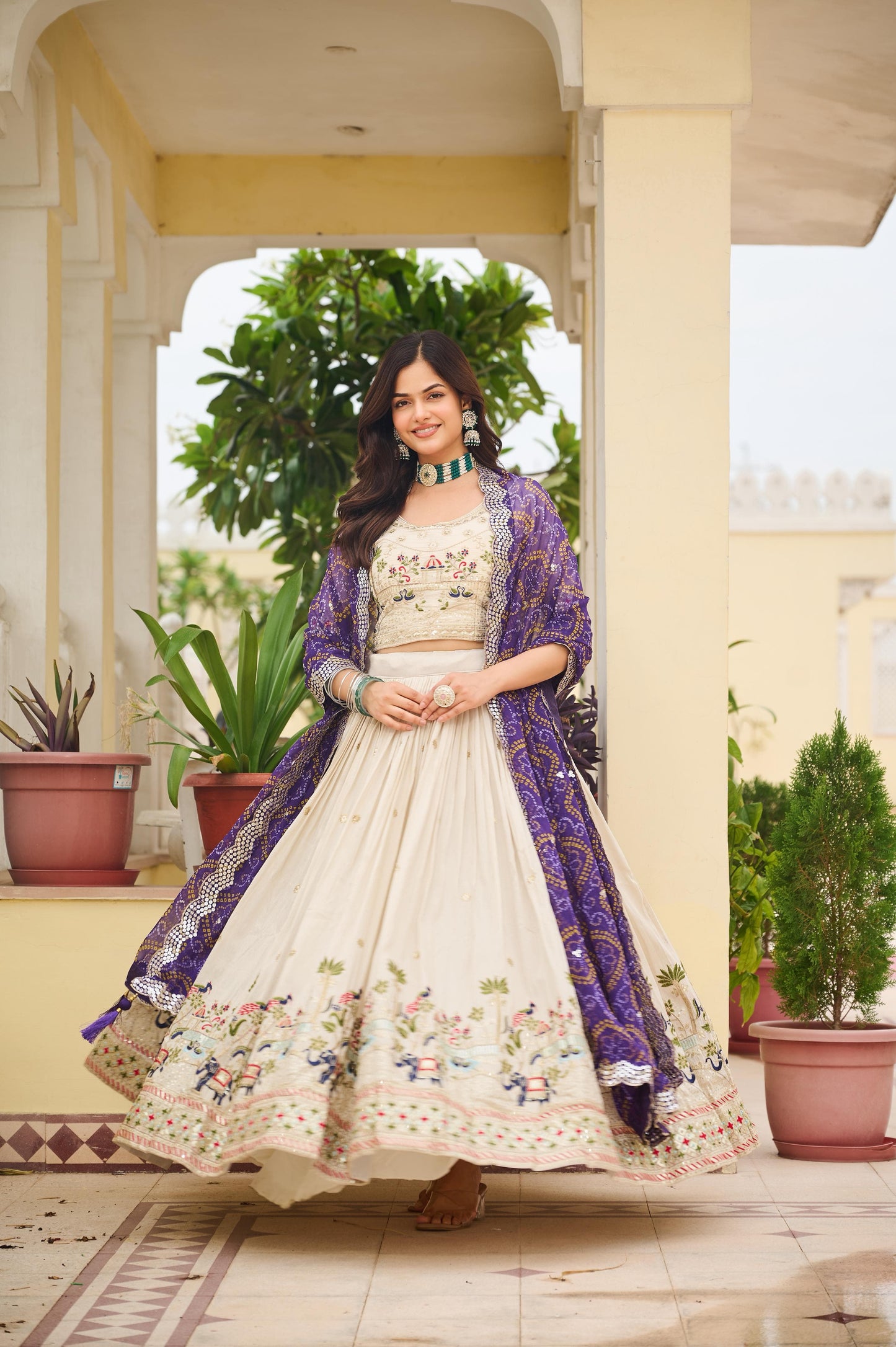 Ivory Elephant Motif Embroidered Lehenga Set with Bandhani Dupatta