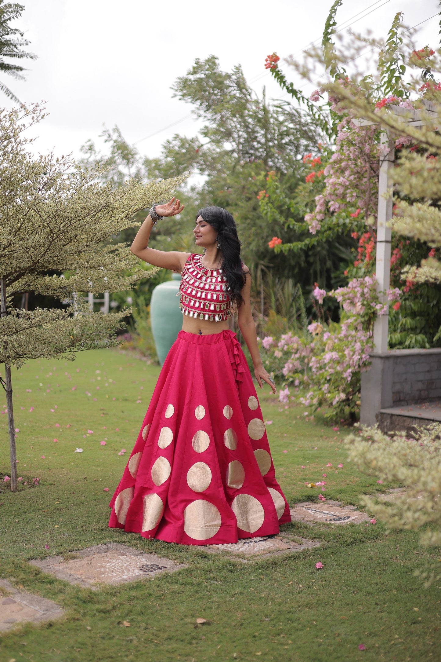 Roman Silk Polka Dot Lehenga Set with Mirror Work Choli