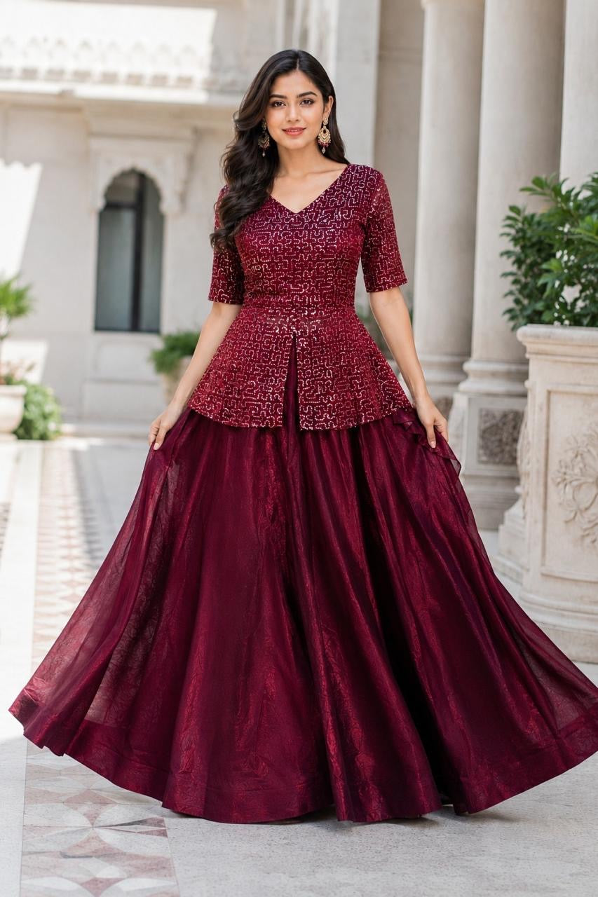Royal Sequined Peplum Top with Flared Lehenga Skirt Set