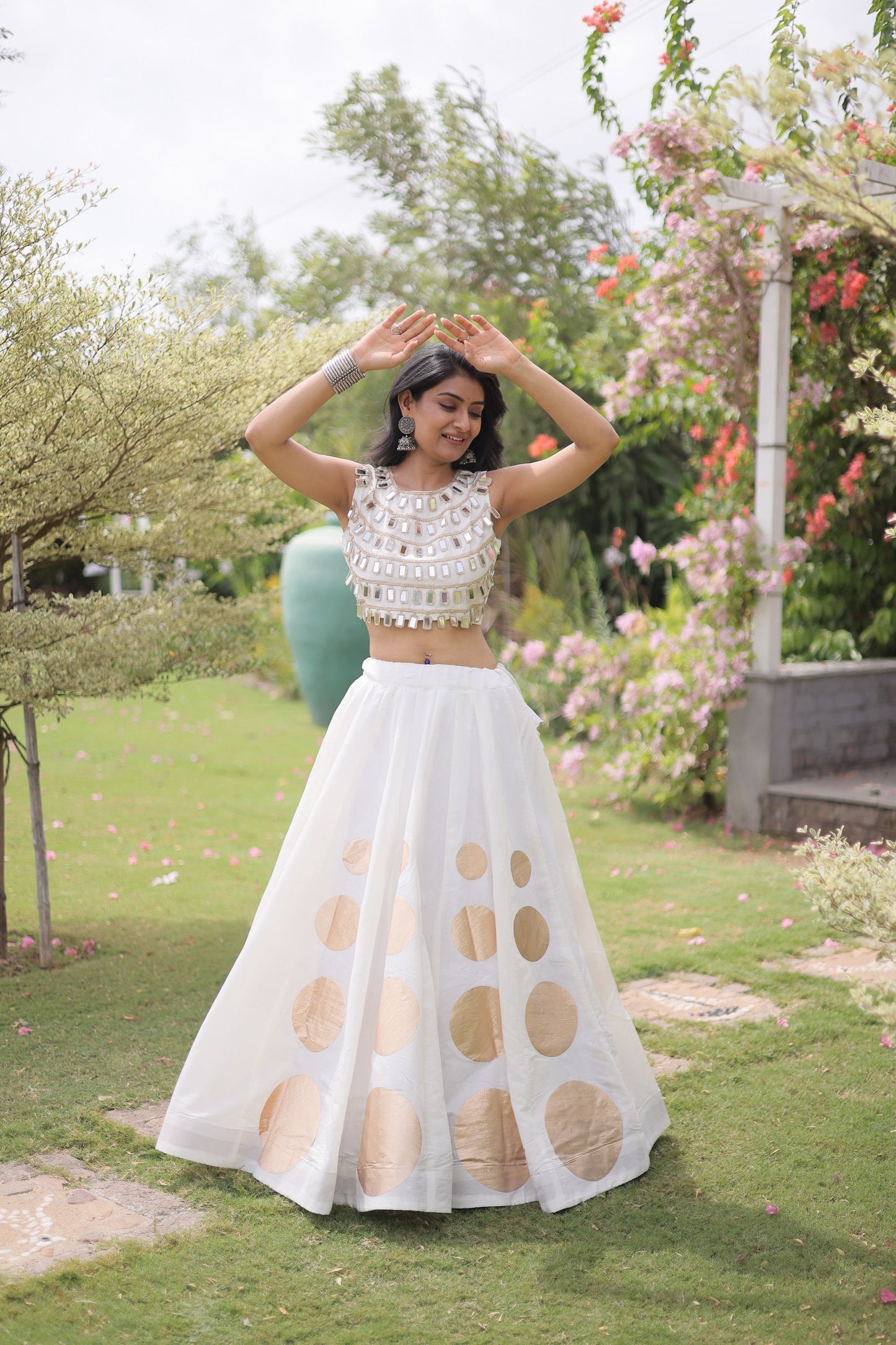 Roman Silk Polka Dot Lehenga Set with Mirror Work Choli