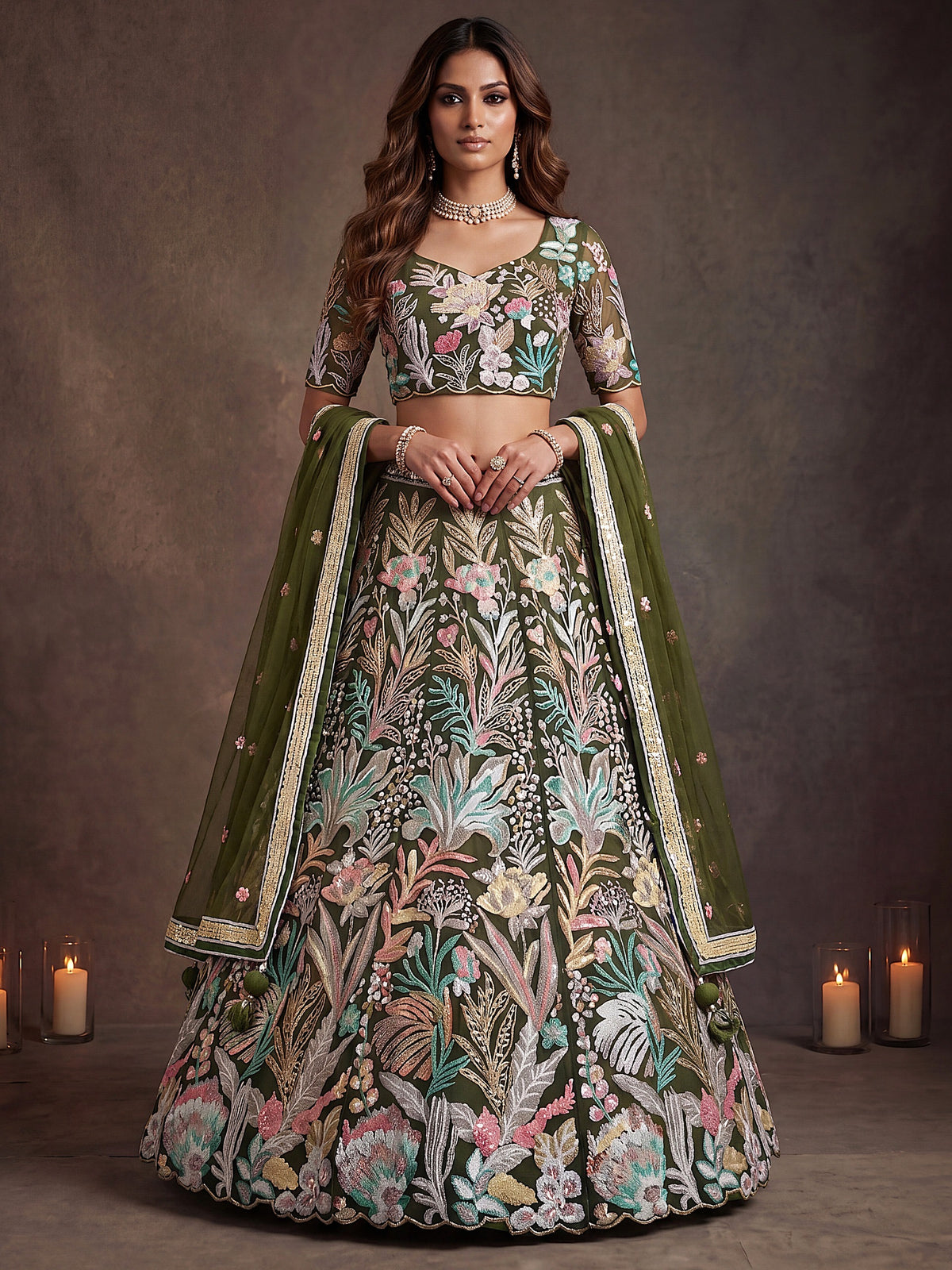 Botanical Floral Embroidered Lehenga Choli with Net Dupatta