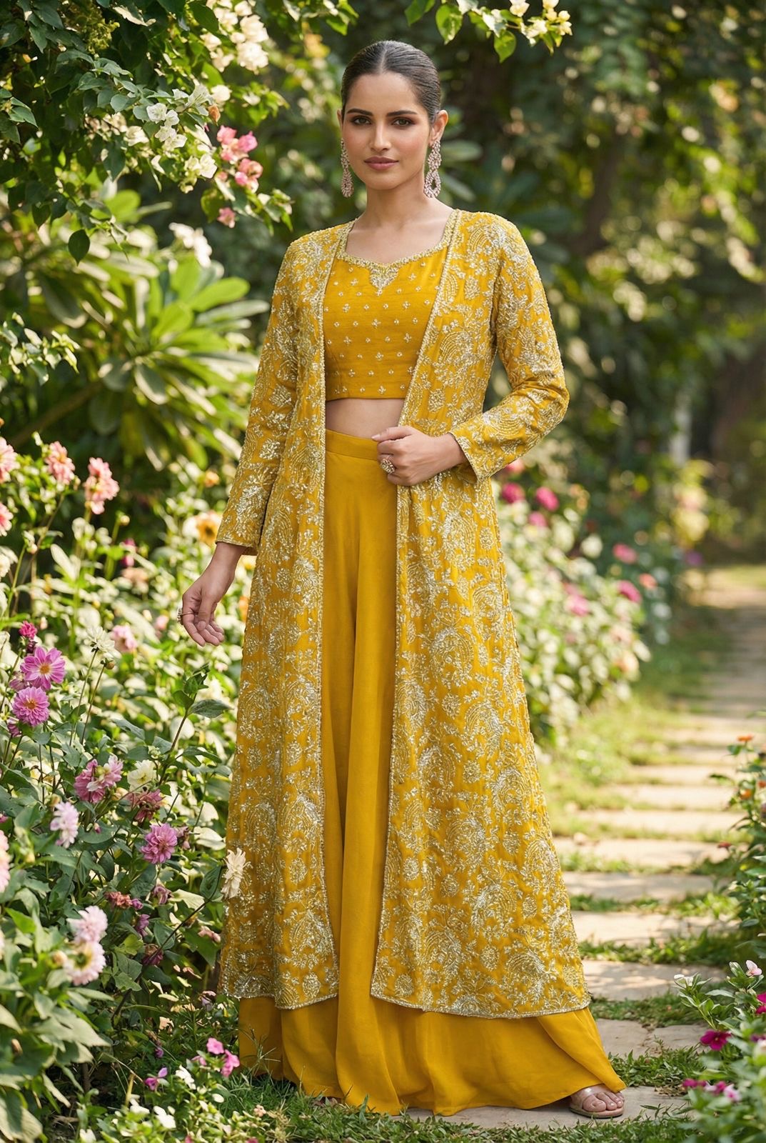 Vibrant three-piece fusion ensemble Plazo set