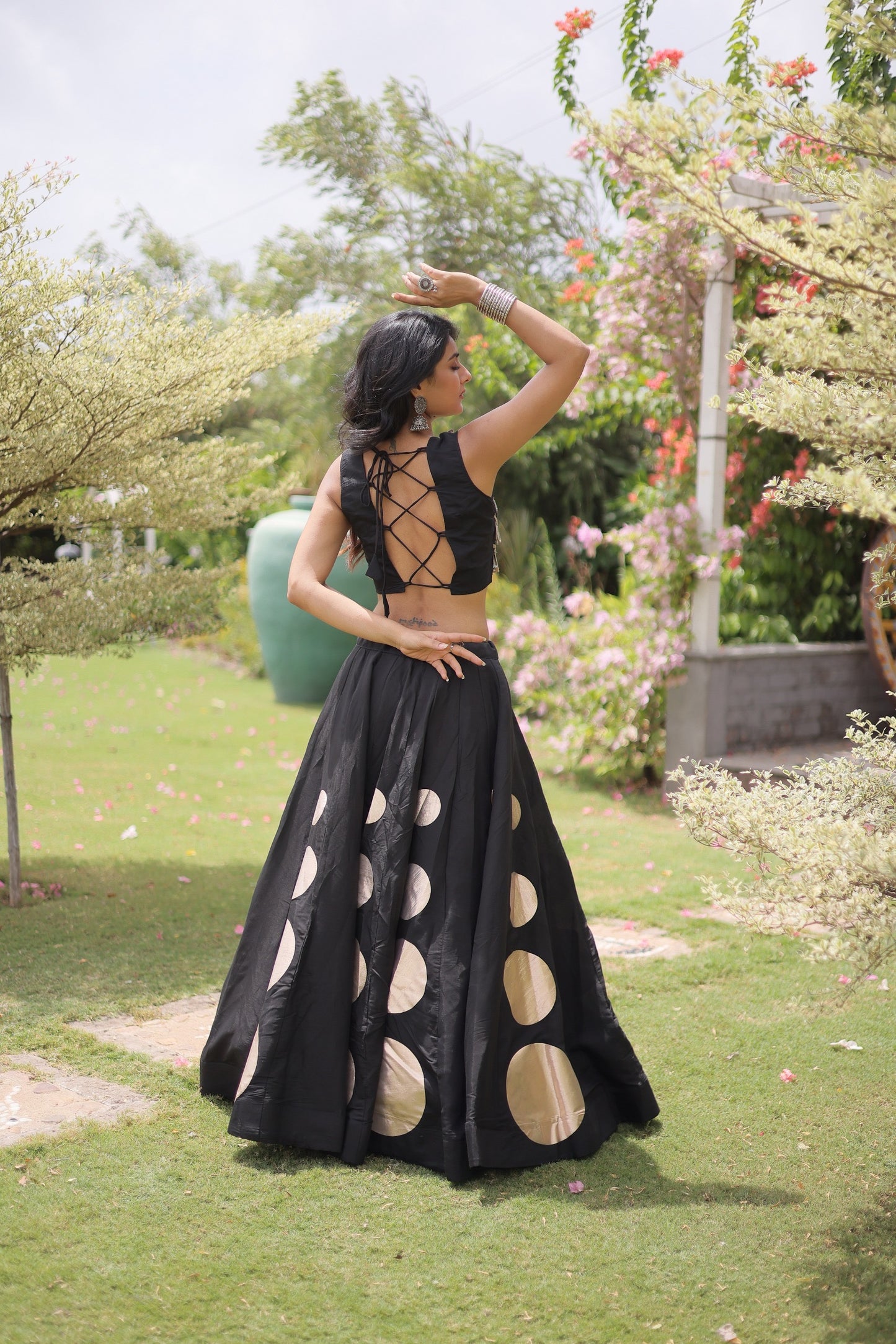 Roman Silk Polka Dot Lehenga Set with Mirror Work Choli