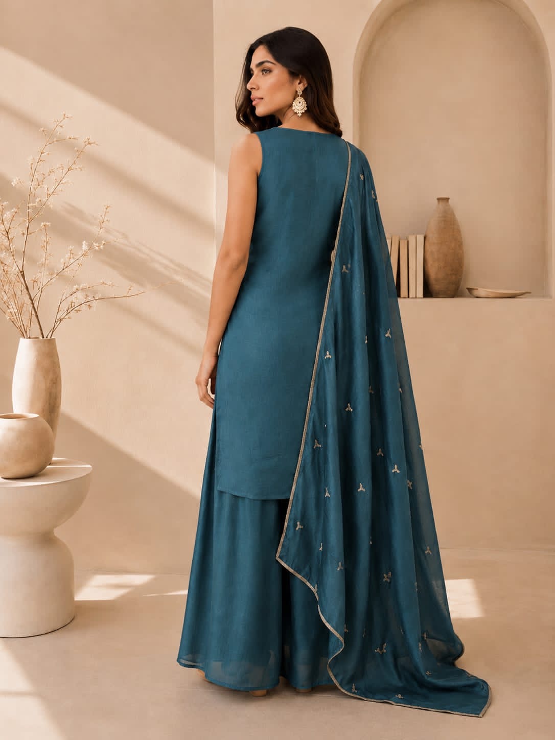 Embroidered Vichitra Silk Plazo Set