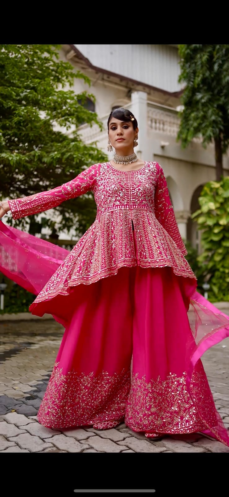 Chinon Sharara Set with Real Mirror Embroidery & Net Dupatta