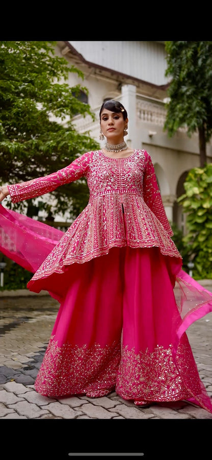 Chinon Sharara Set with Real Mirror Embroidery & Net Dupatta
