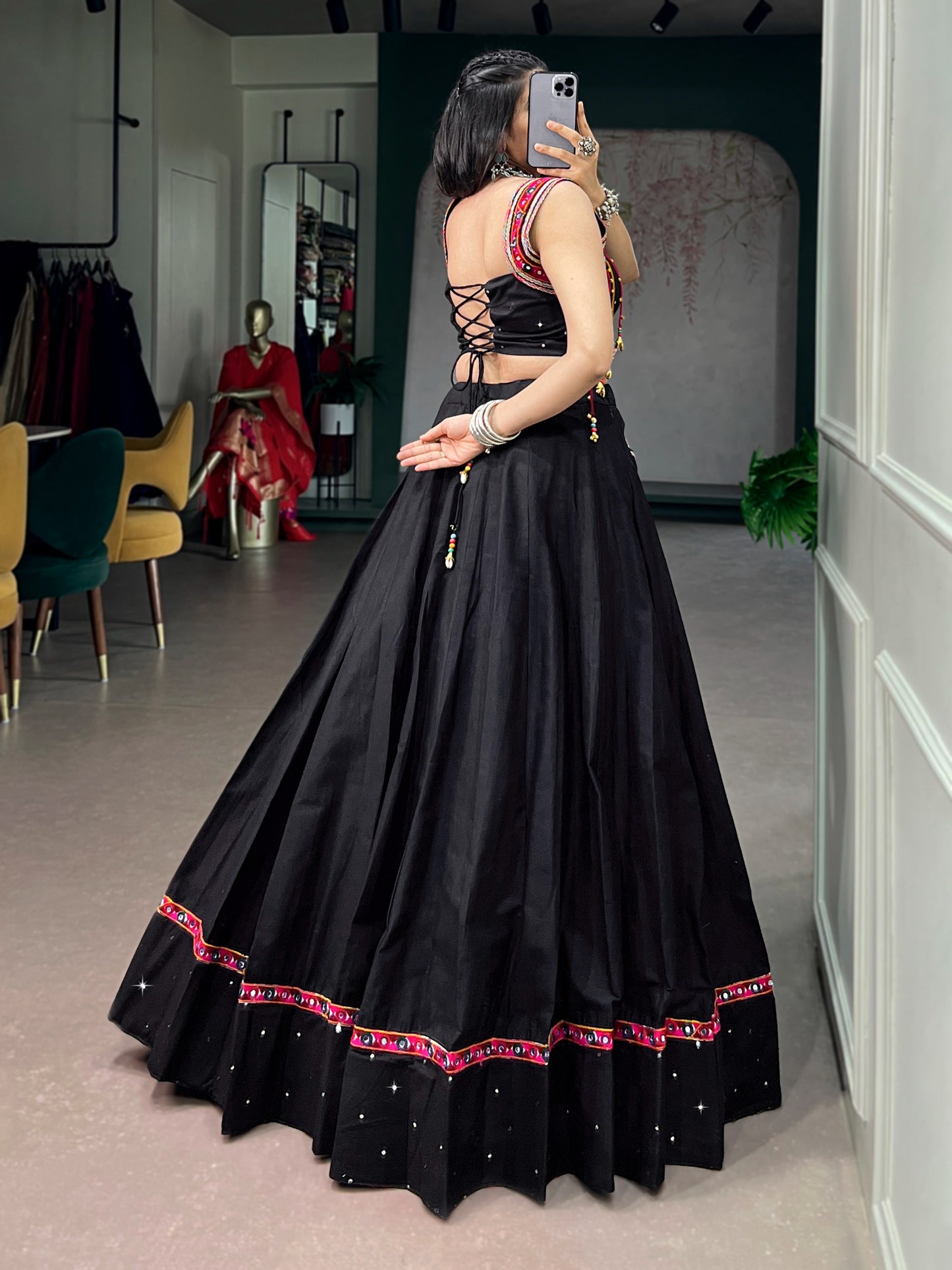 Midnight Black Mirror Work Lehenga Set with Embroidered Crop style top