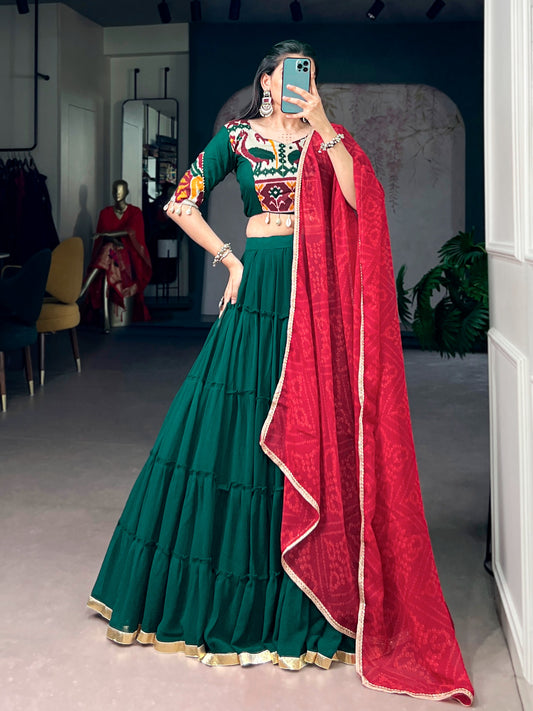 Navratri Special Bottle Green Marble Lehenga Choli with Red Bandhani Dupatta