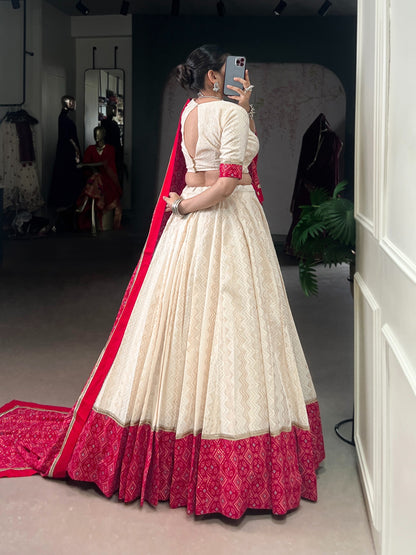 Off-White and Crimson Bandhej Print Lehenga Choli Set