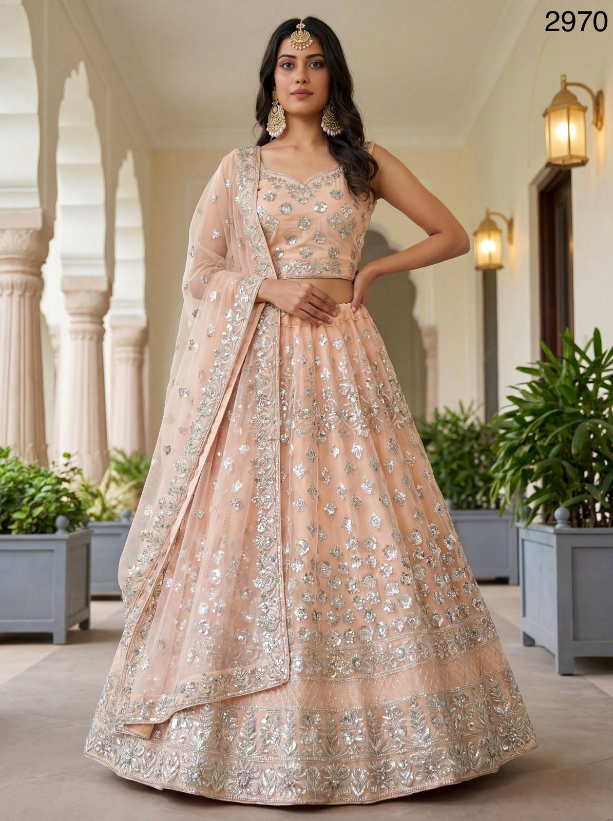 German Zari and Sequin Embroidered Silver Work Peach Lehenga Choli with Beautiful Flair
