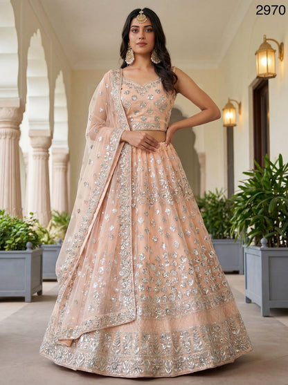 German Zari and Sequin Embroidered Silver Work Peach Lehenga Choli with Beautiful Flair