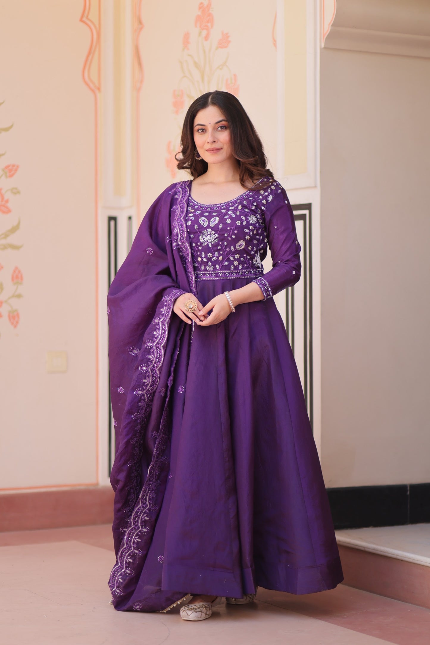 Anarkali Flared Gown with Gold Crush Fabric & Beads Embroidery