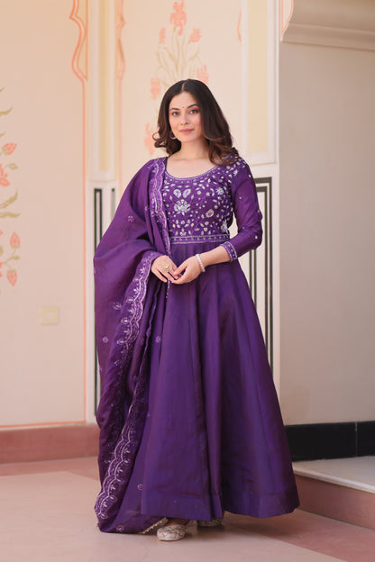 Anarkali Flared Gown with Gold Crush Fabric & Beads Embroidery