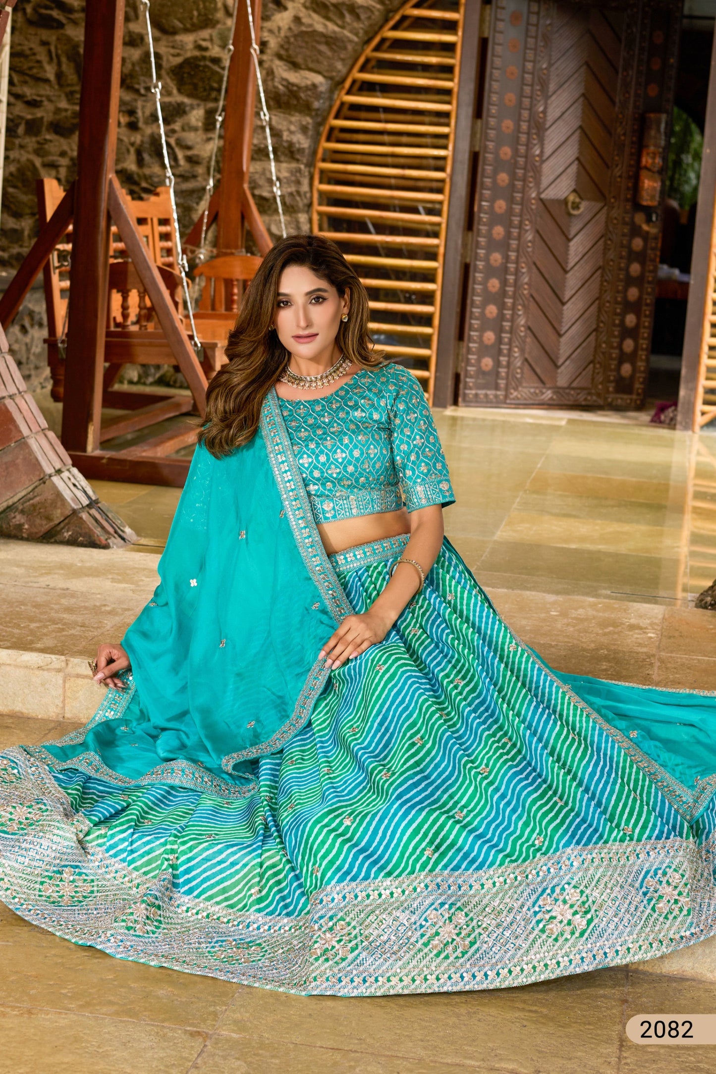 Leheriya Lehenga Choli with Embroidered Blouse and Dupatta
