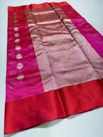 Fuchsia & Vermilion Zari Weave Chanderi Katan Silk Saree