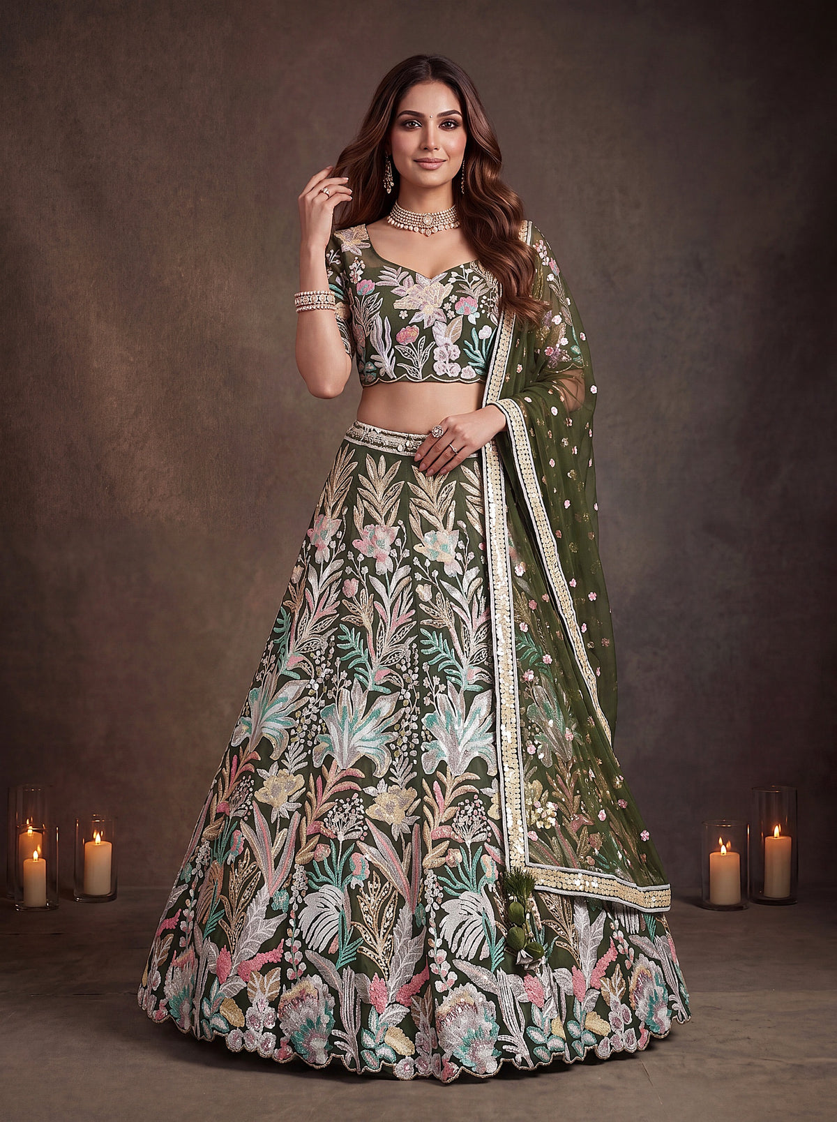 Botanical Floral Embroidered Lehenga Choli with Net Dupatta