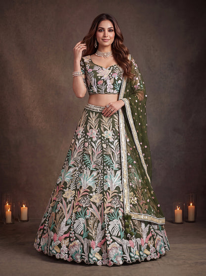 Botanical Floral Embroidered Lehenga Choli with Net Dupatta