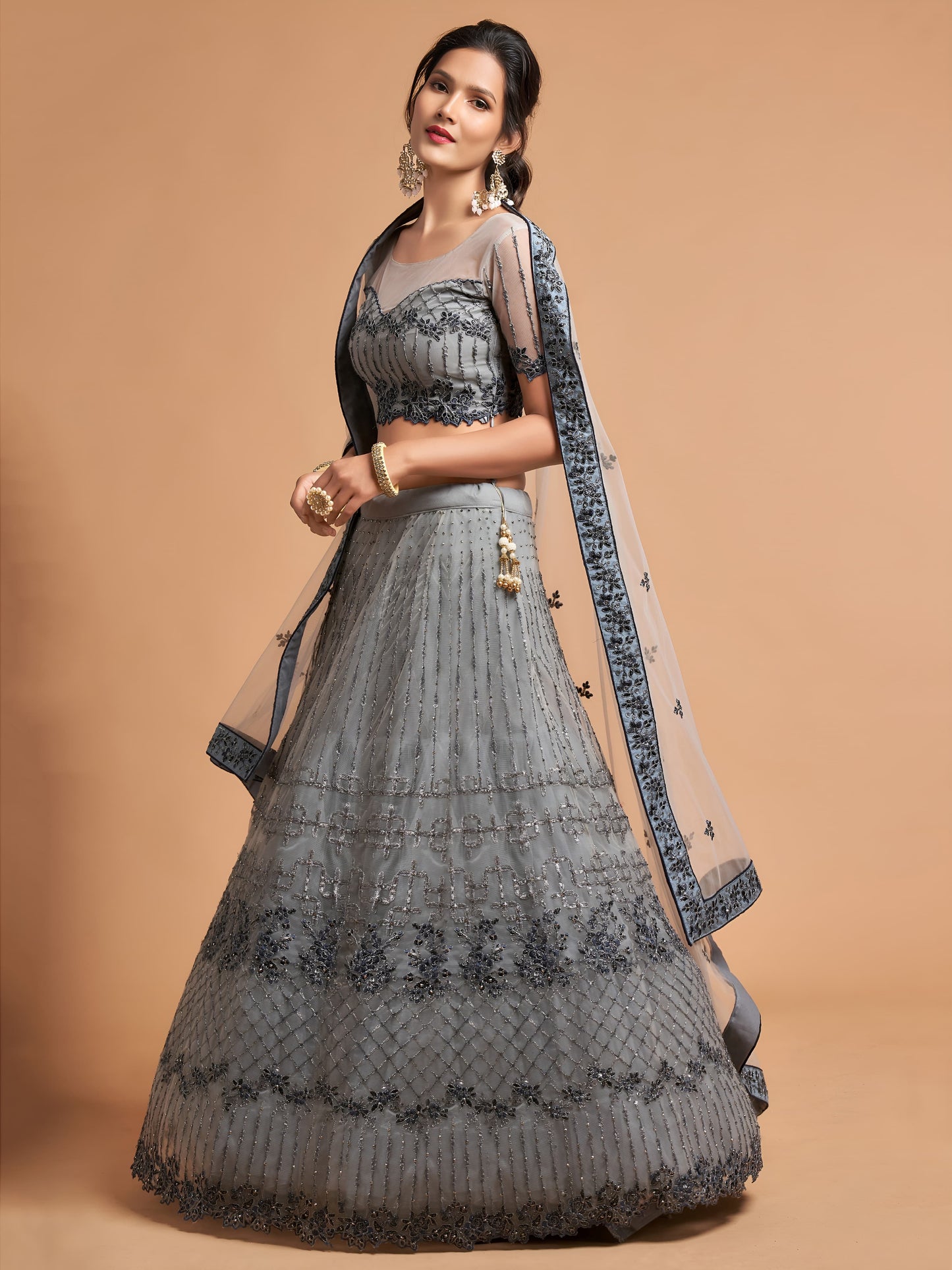 Elegant Grey Embroidered Net Lehenga Choli