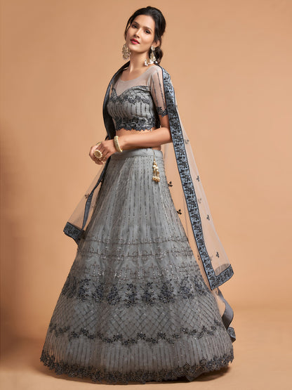 Elegant Grey Embroidered Net Lehenga Choli