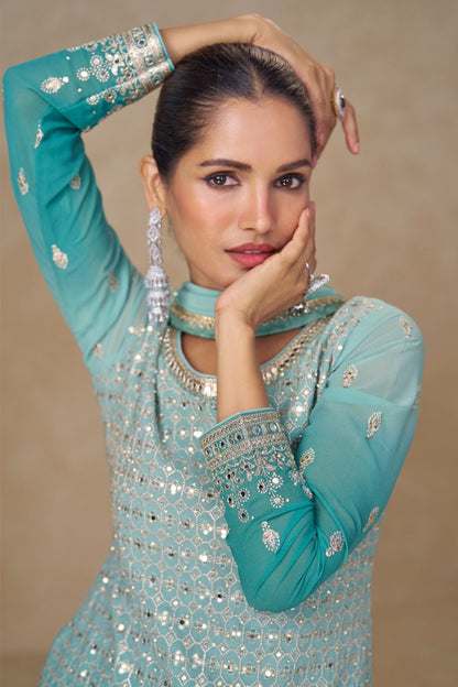 Georgette Sharara Suit with Mirror Work and intricate sequins