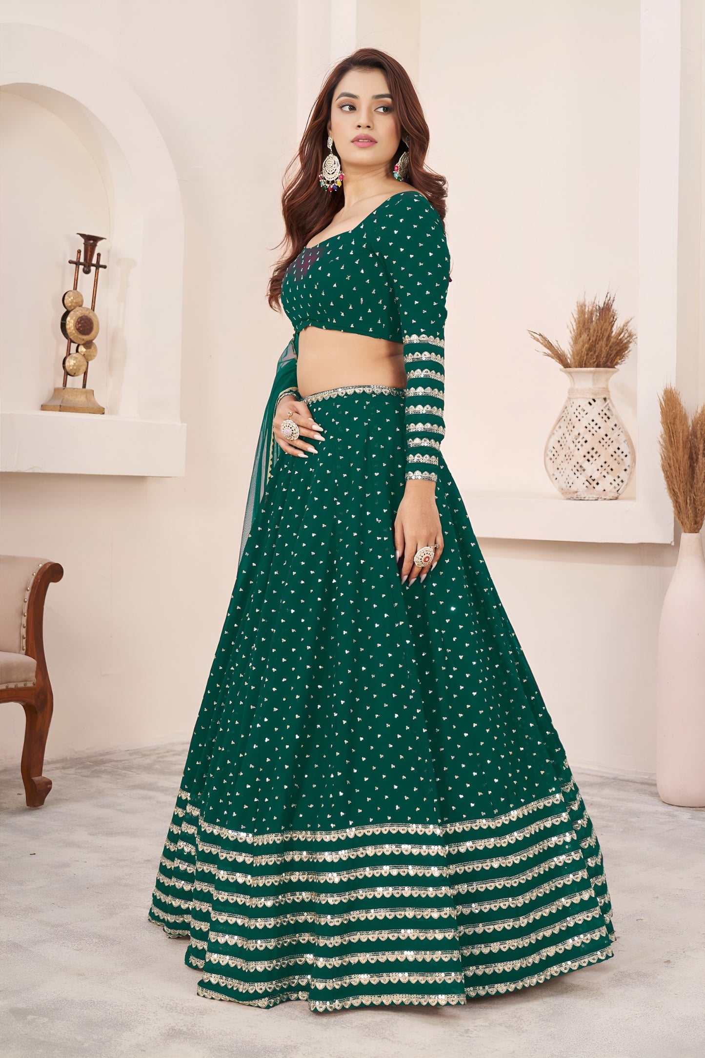 Elegant Teal Green Georgette Lehenga Choli with Zari & Sequin Embroidery