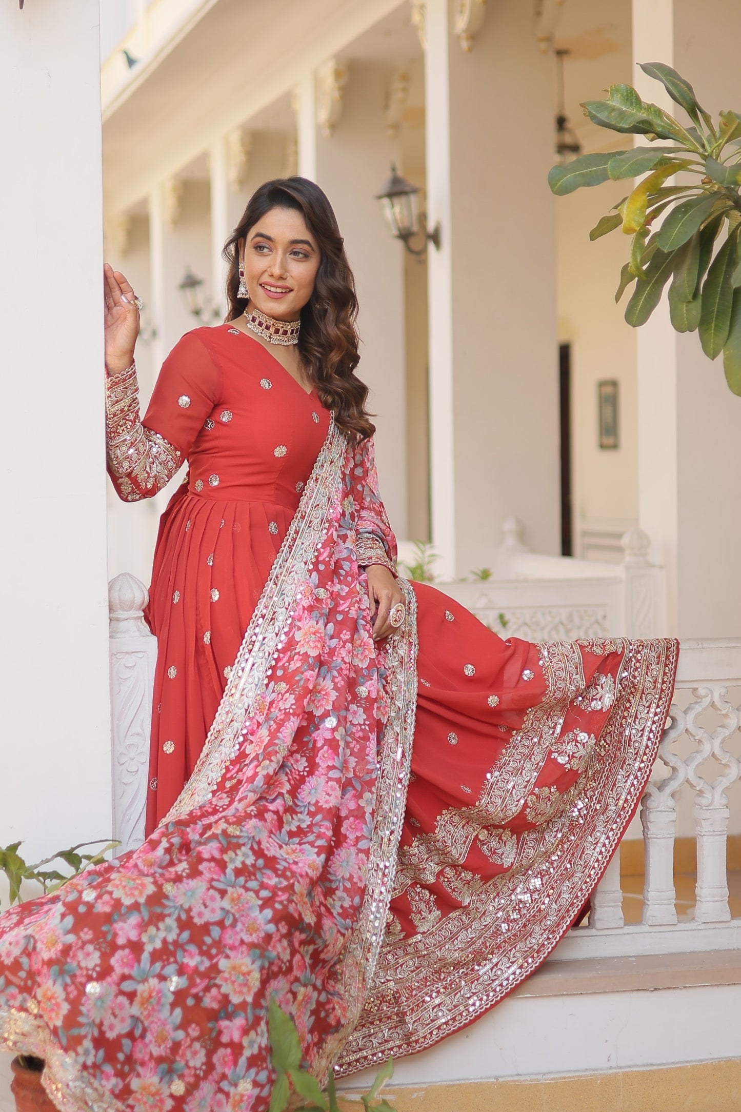 Floor-Length Anarkali gown with a vibrant Floral Dupatta