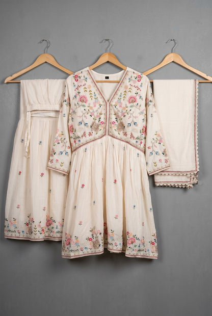 Floral Embroidered Frock-Style Chinon Sharara Set with Dupatta