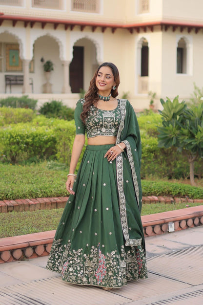 Forest Green Floral & Peacock Embroidery Lehenga Choli