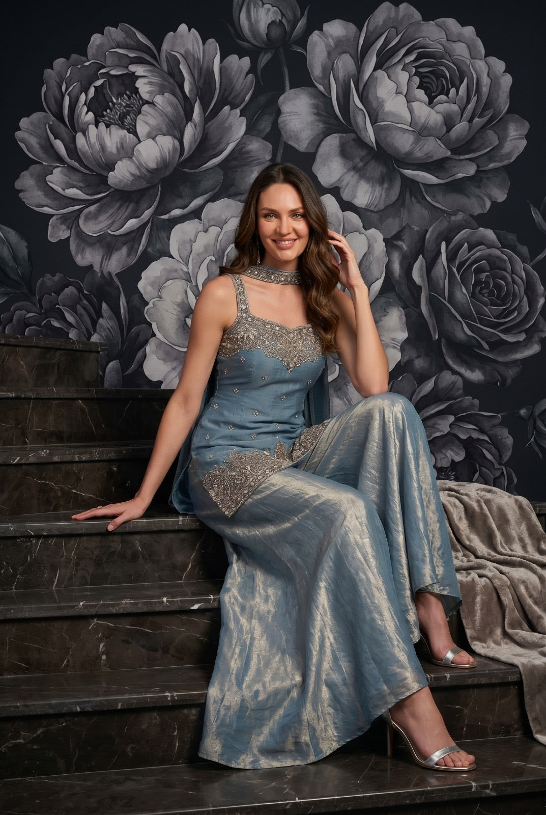 Tora Silk Plazo Kurta Set with Embroidery & Choker Style Cape Dupatta