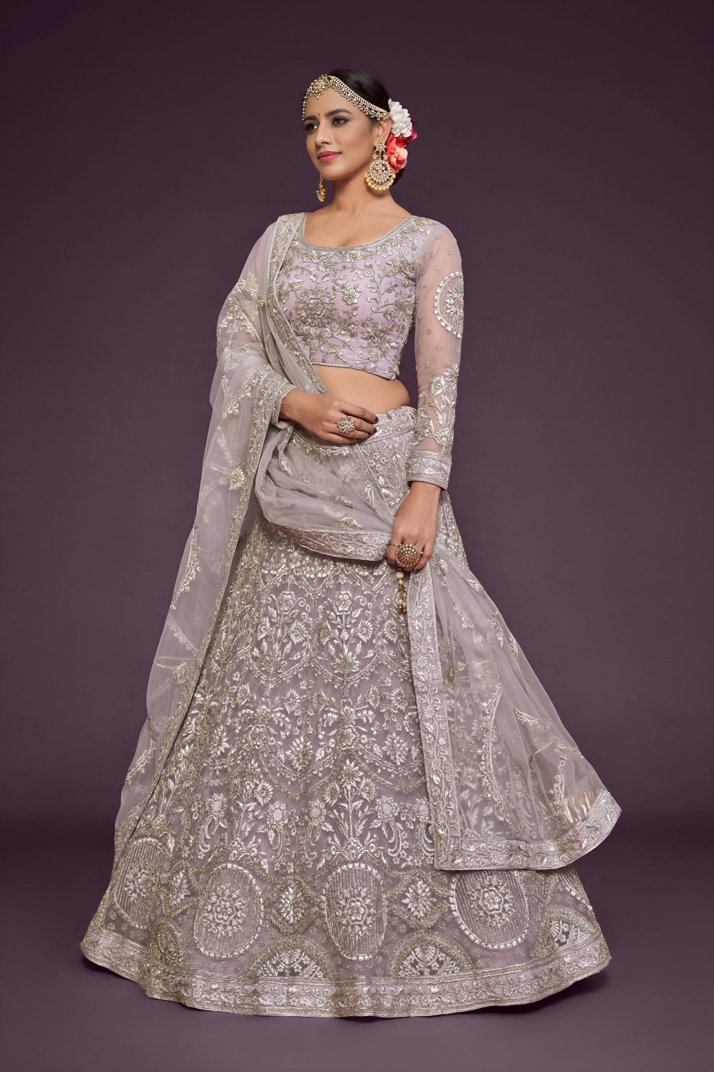 Soft Lavender Heavy Embroidered Net Lehenga Choli with Dupatta