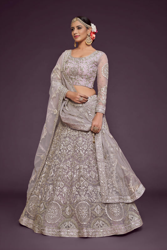 Soft Lavender Heavy Embroidered Net Lehenga Choli with Dupatta