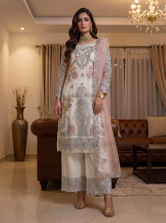 Ivory charm with delicate silver embroidery suit
