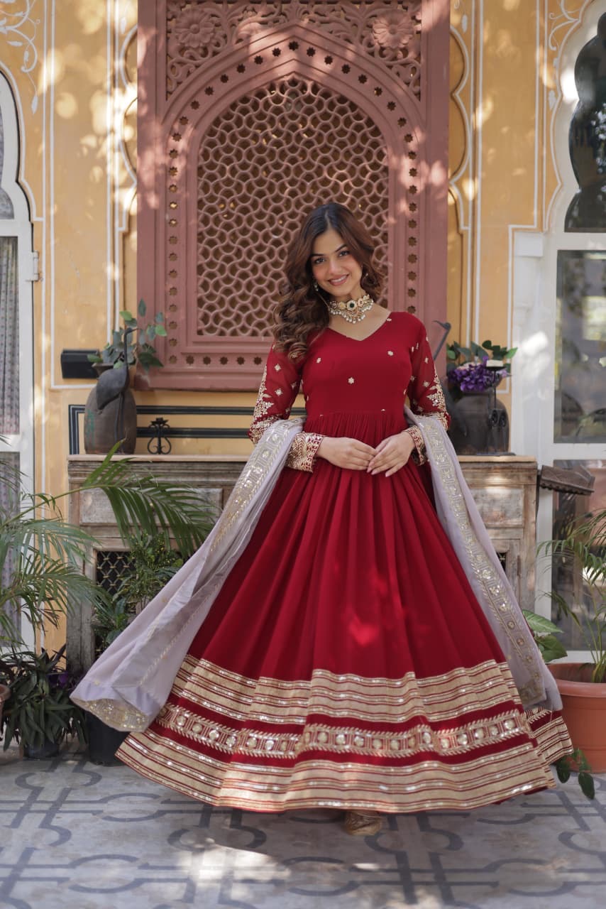 Crimson Red Faux Blooming Anarkali Gown with Zari Sequin Embroidery & Dupatta
