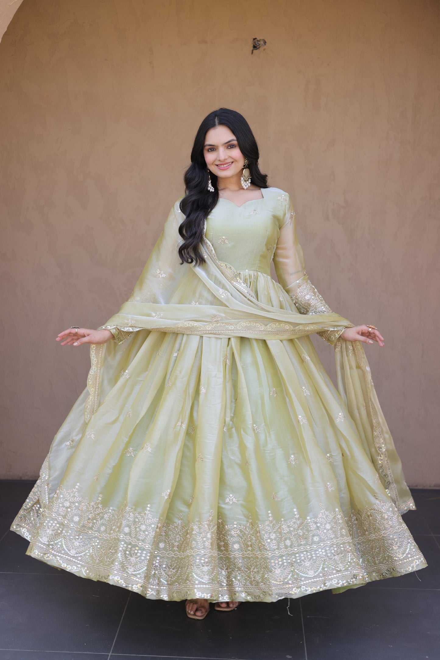 Elegant Fendi Silk Gown with Heavy Sequins & Zari Embroidery