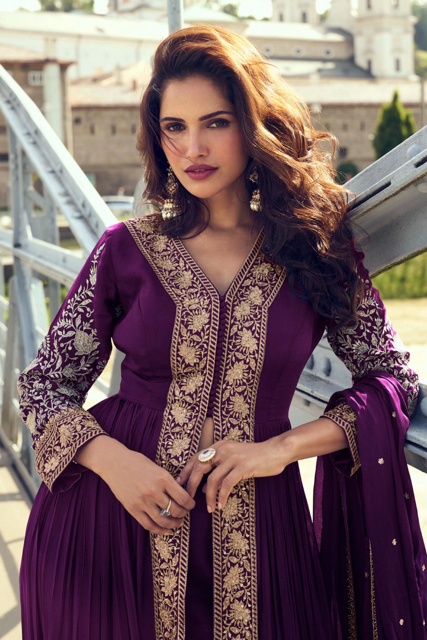 Front-open jacket-style Anarkali paired with matching trousers and a lightweight dupatta