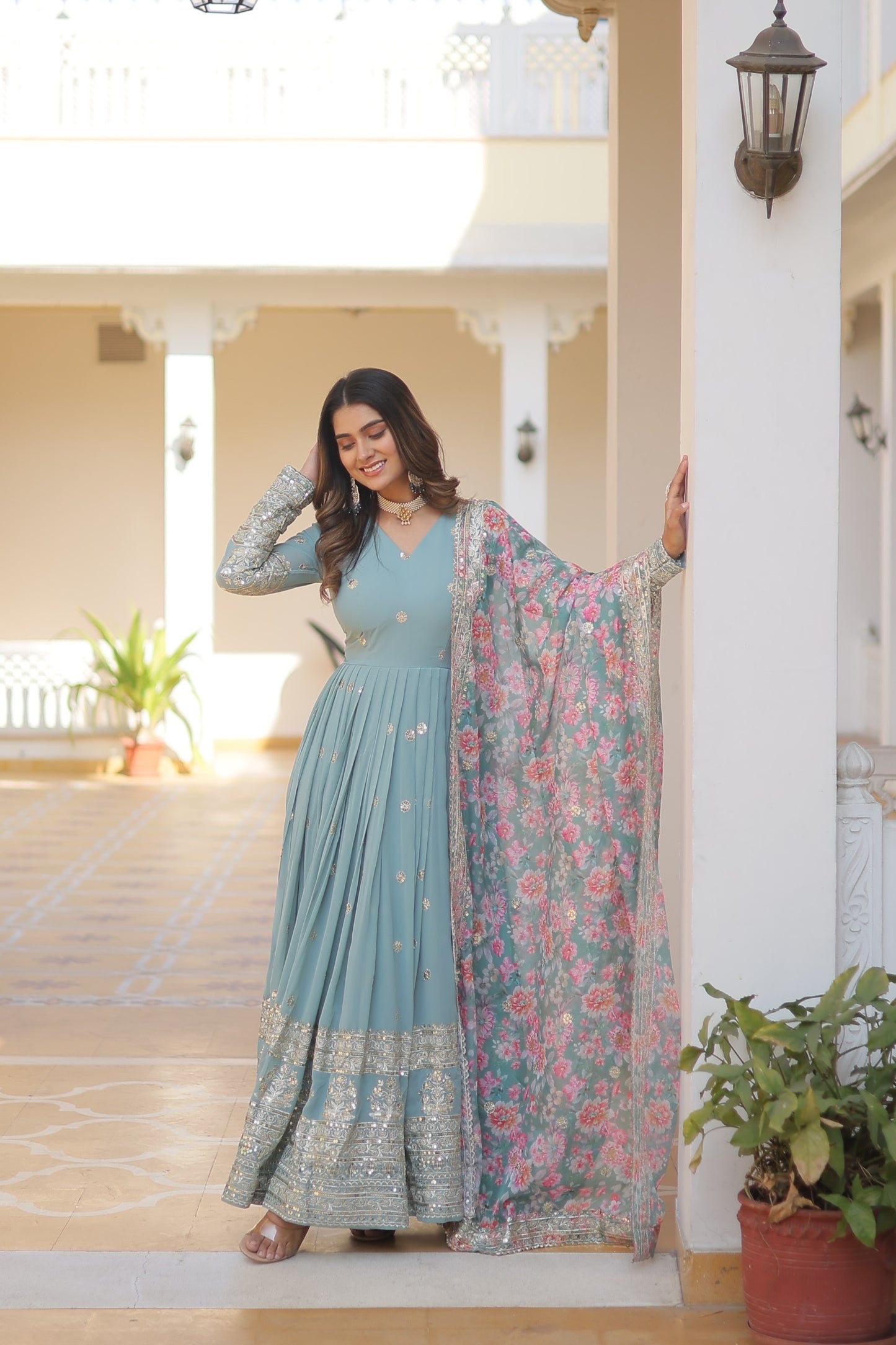 Floor-Length Anarkali gown with a vibrant Floral Dupatta