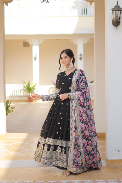 Floor-Length Anarkali gown with a vibrant Floral Dupatta